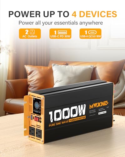 1000W Pure Sine Wave Power Inverter 12V DC to 110V 120V AC Converter with 2 AC Outlets