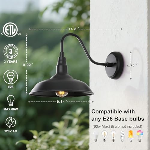 Black Gooseneck Barn Light for Farmhouse 10 Inch Dome Exterior Lights Fixture with Wall Mount