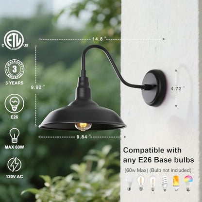 Black Gooseneck Barn Light for Farmhouse 10 Inch Dome Exterior Lights Fixture with Wall Mount