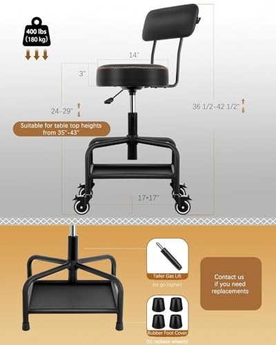 Shop Stool with Lockable Rubber Wheels Adjustable Backrest Tool Tray Storage 400 lb Capacity Rolling Garage Stool