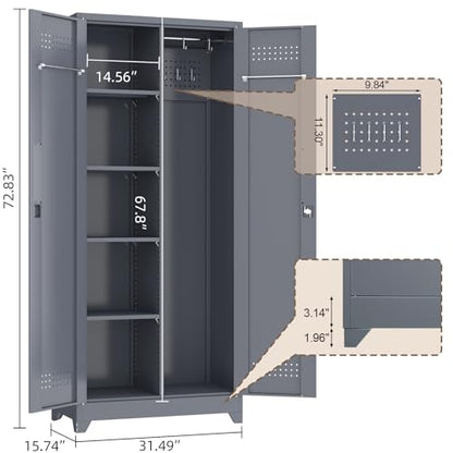 72'' Metal Utility Storage Cabinet with Pegboard & Tool Hanging Bars