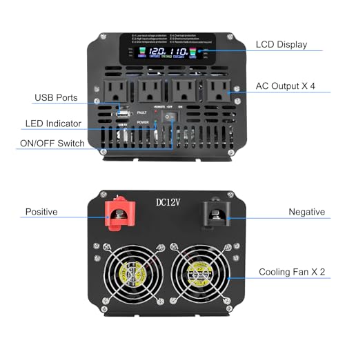 3000 Watt Power Inverter 12V to 110V 120V DC to AC with 4 AC Outlets