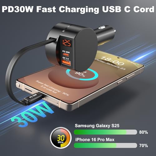 78W 3 Port Car Charger with Retractable USB (2 Count)