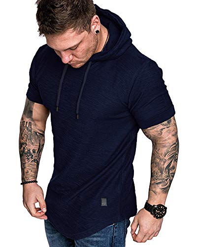 Mens Fashion Hoodies Sport Pullover Solid Color Shirt Workout Lightweight Tops Navy XX