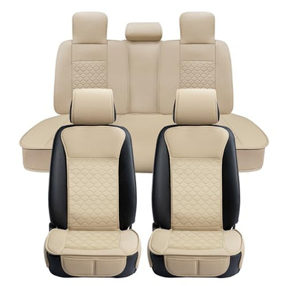 Car Seat Cover Full Set Leather Waterproof Front Rear Beige