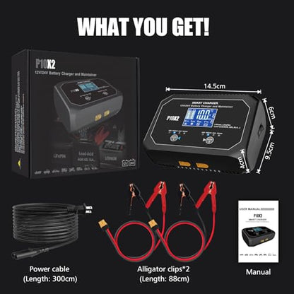 2-Bank(10A/Bank) Car Battery Charger, 12V 24V Lead-Acid, LiFePo4 Chargers
