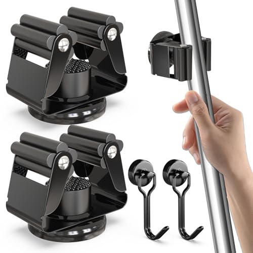 2 Pack Magnetic Broom Holder with 2 Pack Mini Magnetic Hooks (4 count)