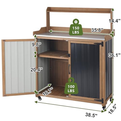 Rolling Potting Bench with Storage and Galvanized Metal Top
