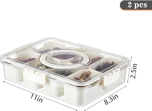 2Pack Divided Veggie Tray with Lid and Handle 8 Compartment Serving Tray with Dividers Portable Travel Snack Containers Stackable Snackle Box Charcuterie Container for Fruit (2 Count)