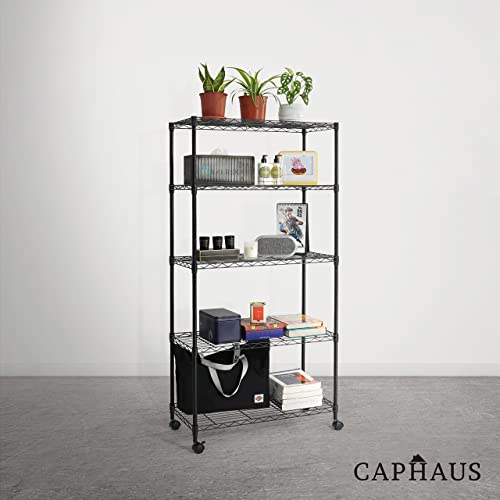 3/4/5-Tier Adjustable Height Wire Shelving Unit, Wire Rack Shelving, Metal Steel Storage Shelves, Garage Shelving Storage Organizer, Utility Storage Shelf, 5-Tier With Wheels, Black (5 Count)