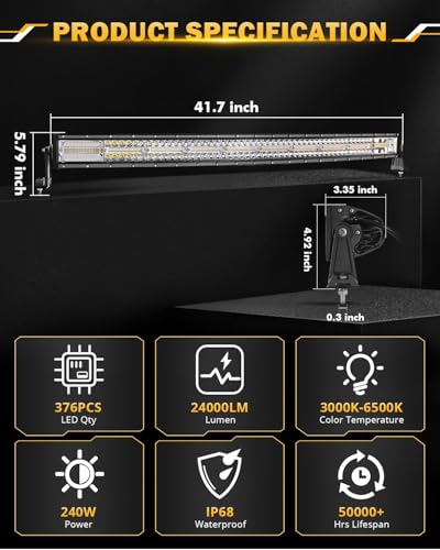 42 Inch LED Light Bar 240W Curved 6 Modes Amber White Strobe Lights