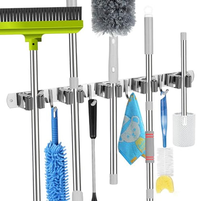 2 Pack] 5 Racks and 4 Hooks Mop and Broom Holder Wall Mount (2 Count)