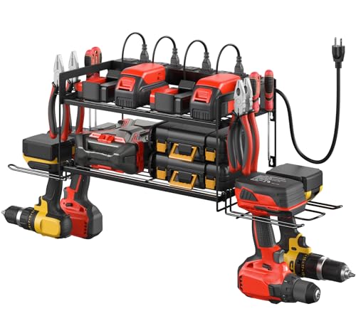 Garage Tools Storage with Charging Station. Power Tool Battery Organizer Utility Shelf with Power Strip. 4 Drills Holder Wall Mount Rack (5.4 Count)