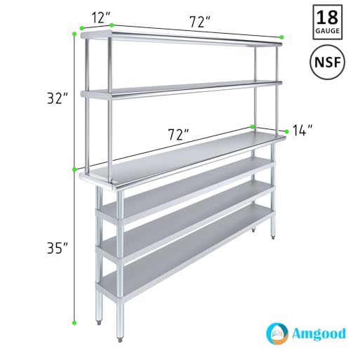 14" x 72" Stainless Steel Work Table with 3 Shelves and 12" Wide Double Tier Overshelf