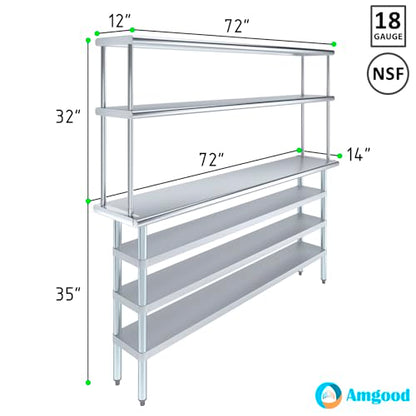 14" x 72" Stainless Steel Work Table with 3 Shelves and 12" Wide Double Tier Overshelf