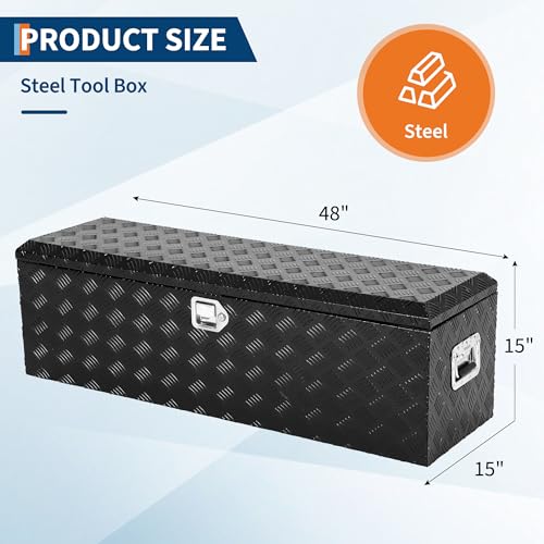 48 Inch Heavy Duty Aluminum Stripes Plated Tool Box Pick Up Truck Bed RV Trailer Toolbox Waterproof Storage Organizer with Side Handle