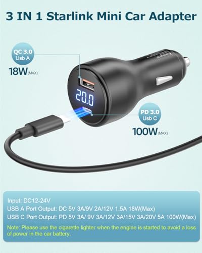 3 in 1 Starlink Mini Car Adapter 10FT 12V to 20V Cigarette Lighter Adapter