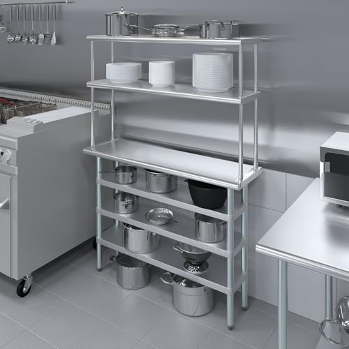 14" x 48" Stainless Steel Work Table with 3 Shelves and 12" Wide Double Tier Overshelf