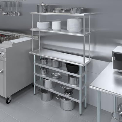 14" x 48" Stainless Steel Work Table with 3 Shelves and 12" Wide Double Tier Overshelf