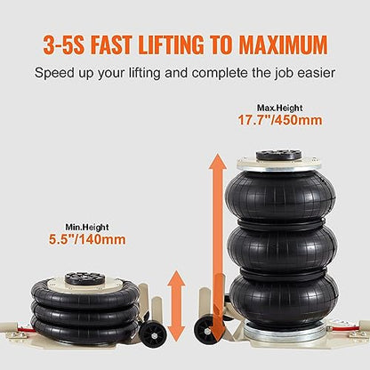 Air Jack, 3T / 6600 lbs Triple Bag Air Jack, Airbag Jack with Six Steel Pipes, Lift up to 17.7 inch/450 mm, 3-5 s Fast Lifting Pneumatic Jack, with Long Handles for Car, Garage, Repair