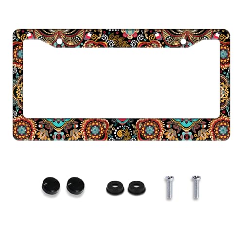 Mandala Flowers Boho License Plate Frame Stainless Steel 2Holes with Screws