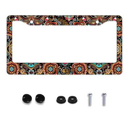 Mandala Flowers Boho License Plate Frame Stainless Steel 2Holes with Screws
