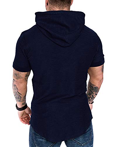 Mens Fashion Hoodies Sport Pullover Solid Color Shirt Workout Lightweight Tops Navy XX