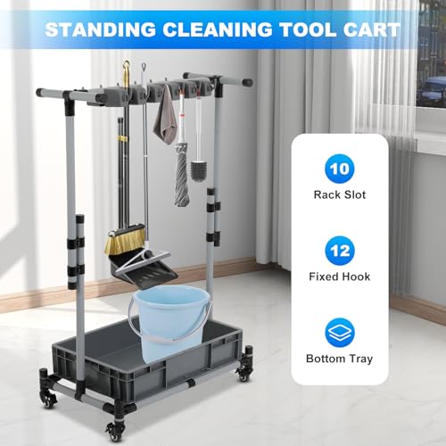 Broom and Mop Holder Freestanding Mobile Cleaning Tool Storage Rack