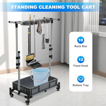Broom and Mop Holder Freestanding Mobile Cleaning Tool Storage Rack