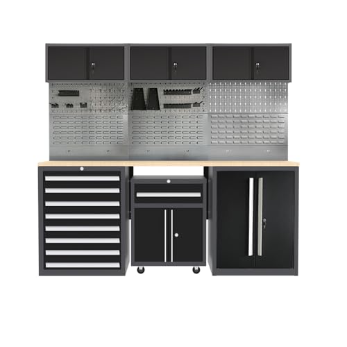 Metal Garage Tool Cabinet Set System with Wooden Tabletop