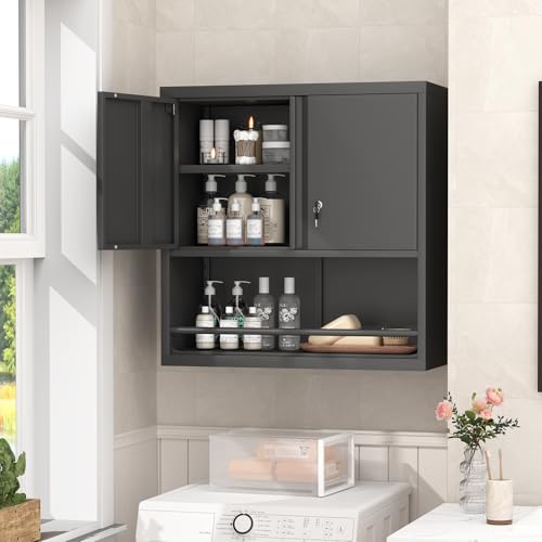 Locking Metal Garage Wall Cabinet with Doors and Shelf