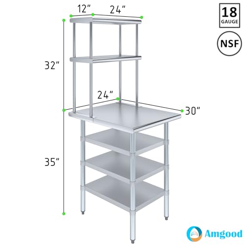 30" x 24" Stainless Steel Work Table with 3 Shelves and 12" Wide Double Tier Overshelf