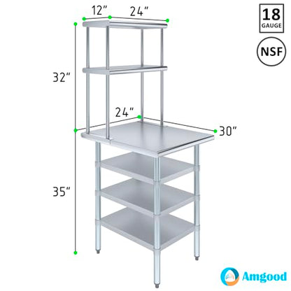 30" x 24" Stainless Steel Work Table with 3 Shelves and 12" Wide Double Tier Overshelf