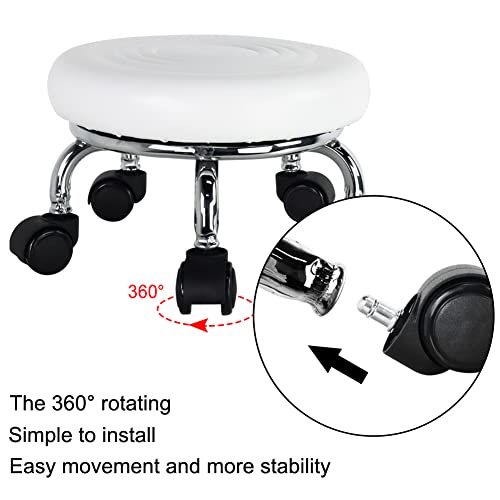Modern Roller Seat PU Leather Foot Stool Low Round Rolling Stool 360° Step Stool Swivel Small Seat with Universal Wheels for Home Office Garage Shop Fitness Sport H：8.4" （White）