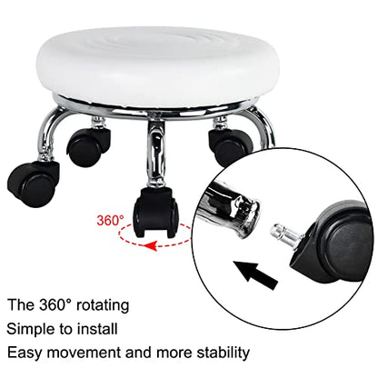 Modern Roller Seat PU Leather Foot Stool Low Round Rolling Stool 360° Step Stool Swivel Small Seat with Universal Wheels for Home Office Garage Shop Fitness Sport H：8.4" （White）