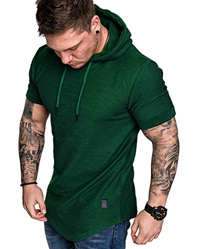 Mens Fashion Hoodies Sport Pullover Solid Color Shirt Workout Lightweight Tops Dark Green