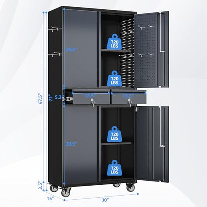 71 Inch Metal Garage Cabinet with 2 Drawers and Pegboard Doors