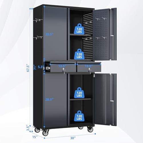 71" Rolling Metal Garage Cabinet with 2 Drawers and Pegboard Doors