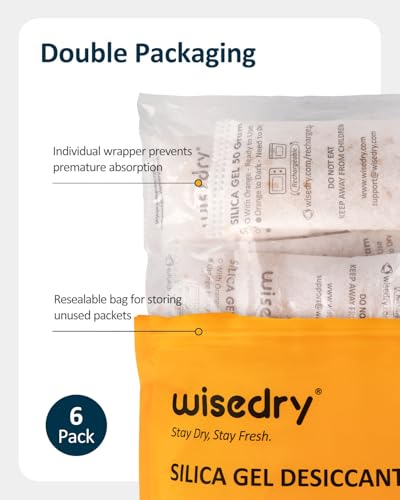 Rechargeable Silica Gel Sachets 50g [6 Packs] Food Grade Silica Gel Packets Orange to Green Indicating Desiccant Sachets Fast Reactivate Desiccant Bags for Food Medication Books (7.0548 Ounce)