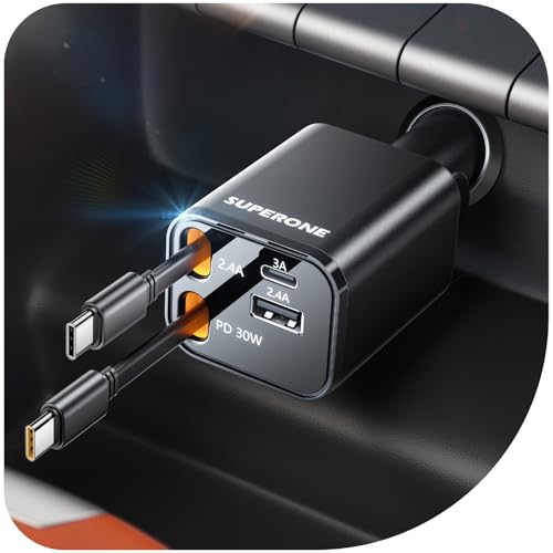 Compact Retractable Car Charger with Dual Type C Cables