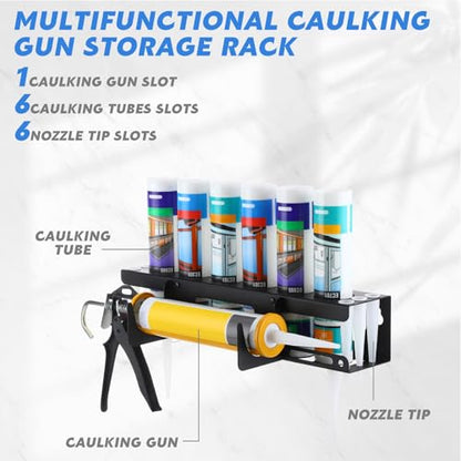 2 Pack Caulking Tube and Gun Holder 6 Slot 16.3 x 6.1 x 3.4 inch Caulking Gun Storage Rack with Horizontally Base Sealant Organizer for Garage Workshop Work Van Wall Mounted Tubes and Nozzle (2 Count)