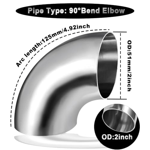 Cotonake OD 2 Inch 90 Degree SS304 Stainless Steel Bend Tube Exhaust Elbow Pipe for Car Modified Exhaust System 2" Piping Silver Tone