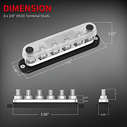 300A Bus Bar 12V Marine 12V Power Distribution Block with Cover 6 x 3 (2 Count)