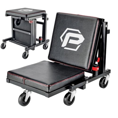2-in-1 Rolling Creeper Seat Converts from High to Low Roller Seat, Fast, Tool-Free Conversion, Garage, Shop, Brake Jobs, Washing, Detailing, Maintenance, Thick Pad, 3-in. Casters - 240298