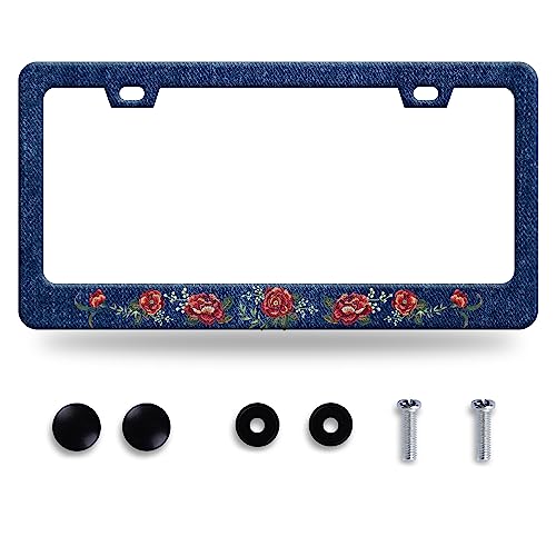 Blue Flower Jean License Plate Frame Stainless Steel Car Accessory 6.3x12.3