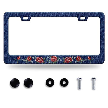 Blue Flower Jean License Plate Frame Stainless Steel Car Accessory 6.3x12.3