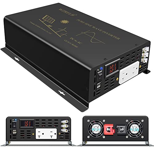 2500W Pure Sine Wave Power Inverter 12VDC to 120VAC 60HZ Dual AC Outlets 2× 2.4A USB Port&Hardwire Terminal Off