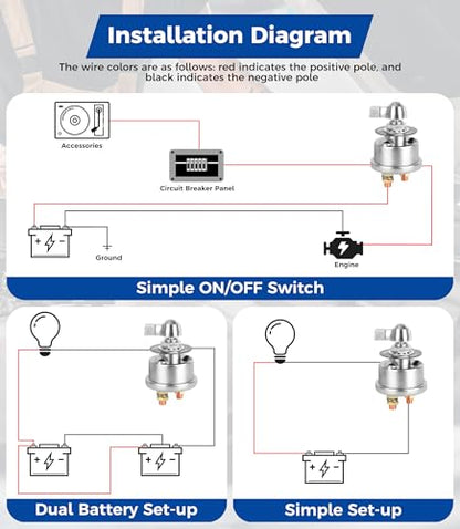 Battery Disconnect Switch 12V 24V 48V Heavy Duty Battery Shut Off Cut Off Power Kill Switch Isolator 300A High Current for Car