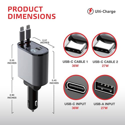 Ulti Charge Car Phone Charger 120W Fast Charging Retractable Cigarette Lighter USB C Charger