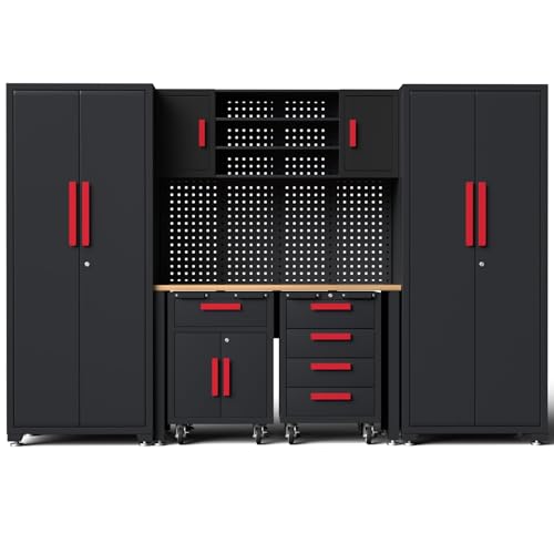 8 Piece Garage Cabinet Storage System with Workbench & Pegboard